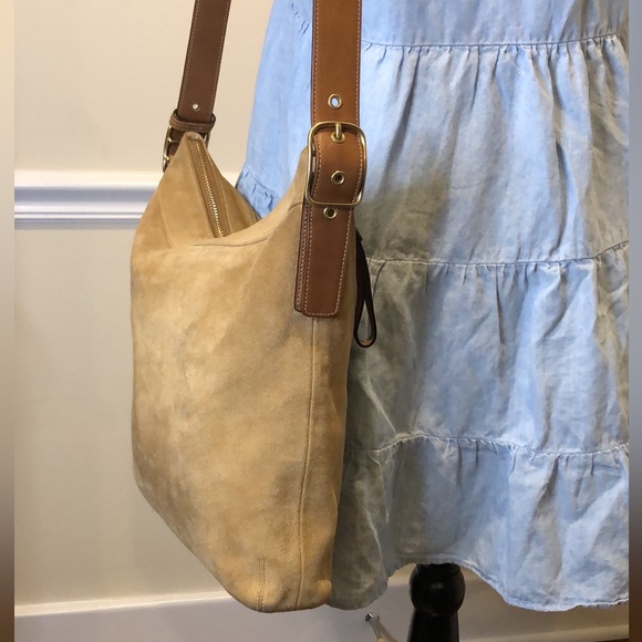 COACH Camel Suede Slim Duffle Feeder Signature C Lining Crossbody Shoulder Bag - Picture 6 of 17